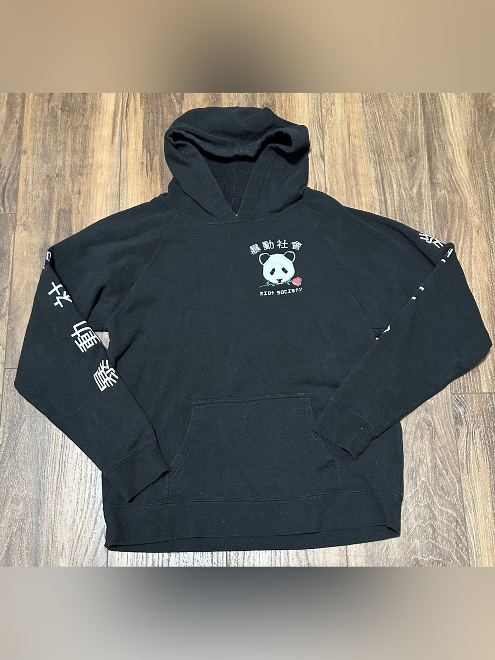 Riot Society Sweater Mens XL Black Panda Rose Logo Heavy Pocket Hoodie Pullover